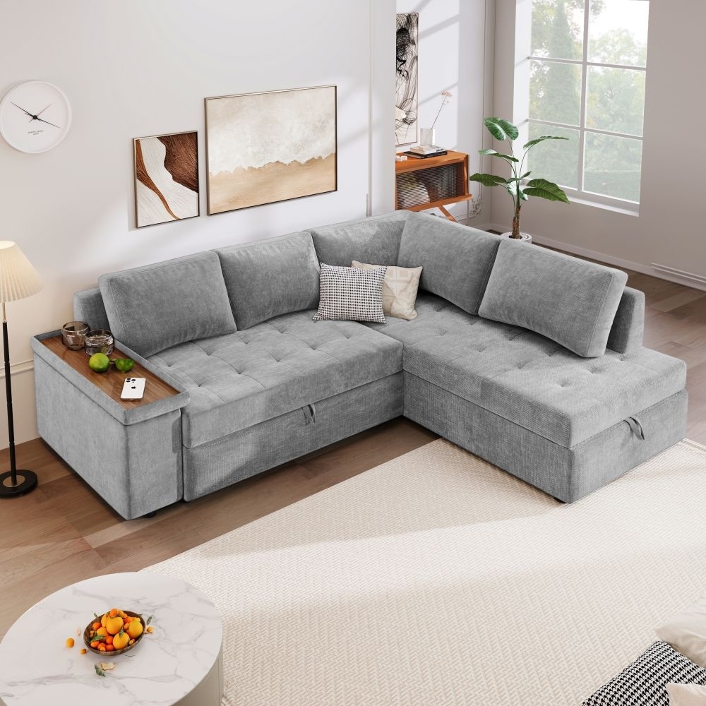 91.5'' L-shaped Sectional Sofa Sleeper Sofa Couch with Pull Out Bed with Hidden Storage