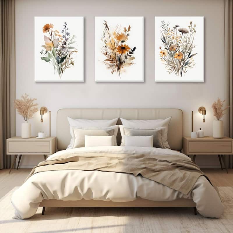 Set of 3 Minimalist Watercolor Flower Pictures Vintage
