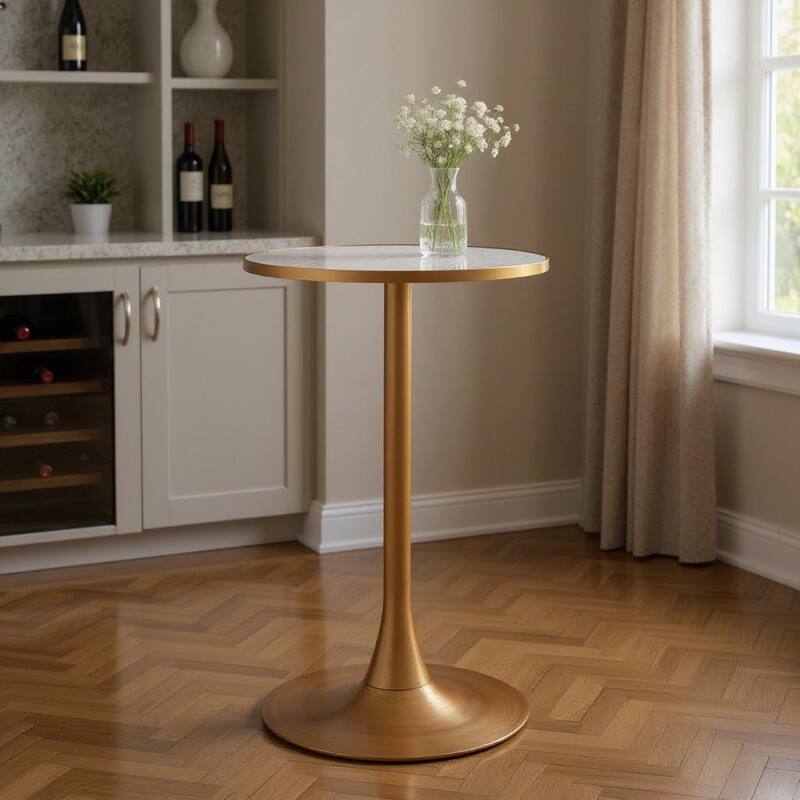 HomeRoots 24" Beige and Gold Faux Terrazzo and Steel Rounded Bar Table - 24.00 in. x 41.70 in. x 24.00 in. - Beige