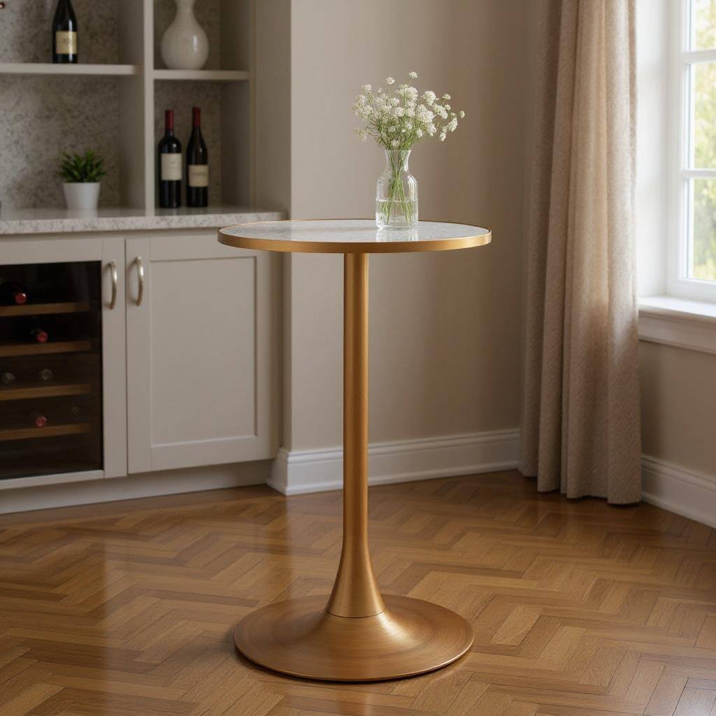 HomeRoots 24" Beige and Gold Faux Terrazzo and Steel Rounded Bar Table - 24.00 in. x 41.70 in. x 24.00 in.