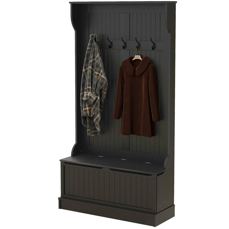 Modern Coat Rack with Anti-Tip Device Storage Bench 5 Hooks and Shoe Cabinet, for Entry and Hallway, Distressed White