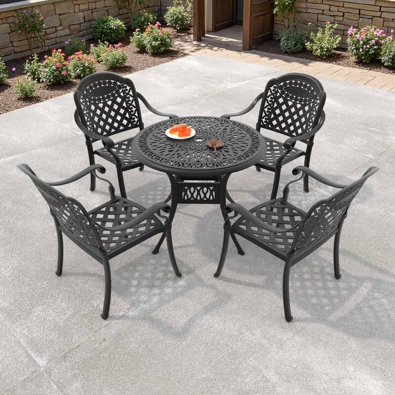 3/5-Piece Cast Aluminum Outdoor Dining Set with 35.43 in. Round Table and Seat Cushions