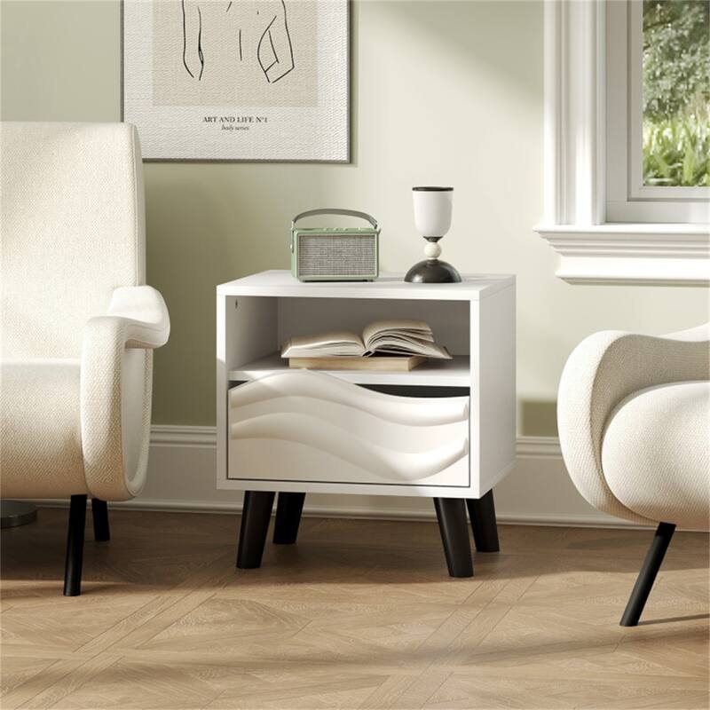 White-Black Engineered Wood Nightstand with 3D Wavy Drawer and Storage