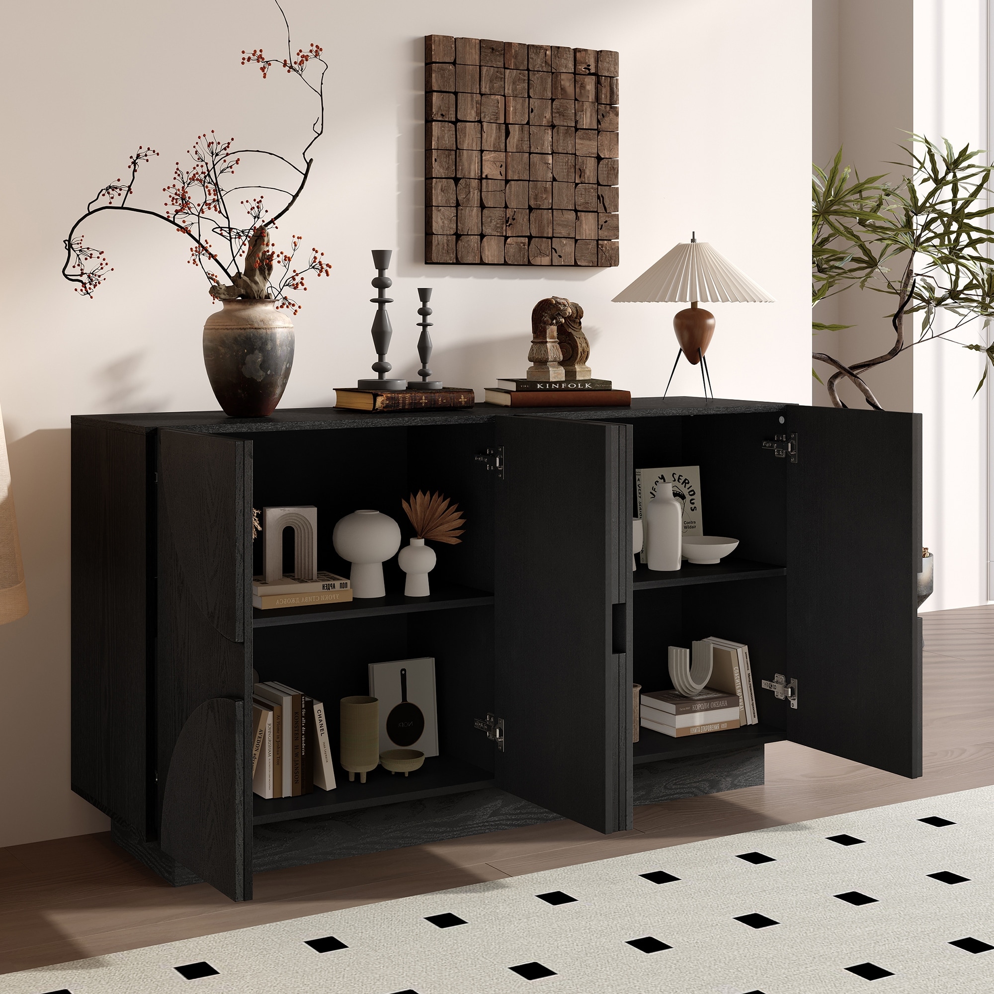 4-Door Large Storage Sideboard with Semi-Circular Handles and Adjustable Shelves