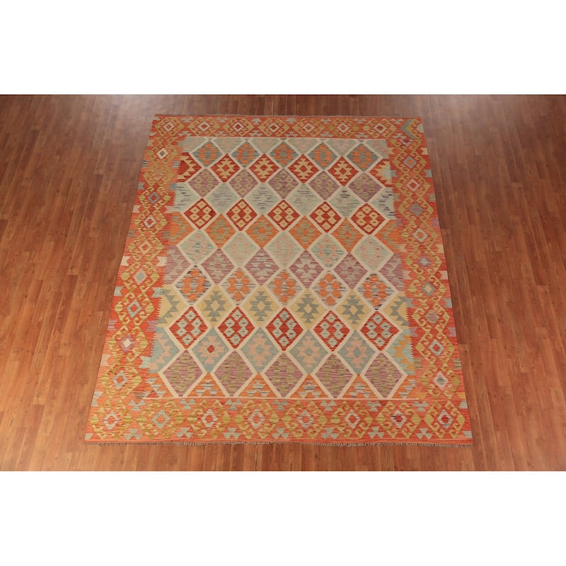 Trellis Geometric Kilim Oriental Area Rug Hand-Woven Wool Carpet - 8'2"x 9'8"