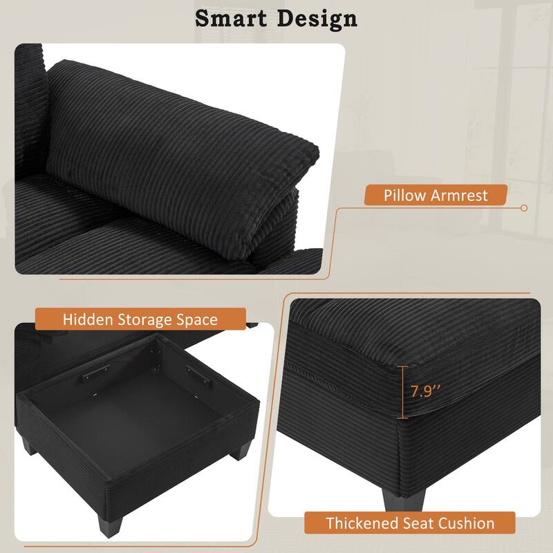 U-Shaped Corduroy Sectional with Hidden Storage, Center Console & USB Ports by Harper&Bright Designs