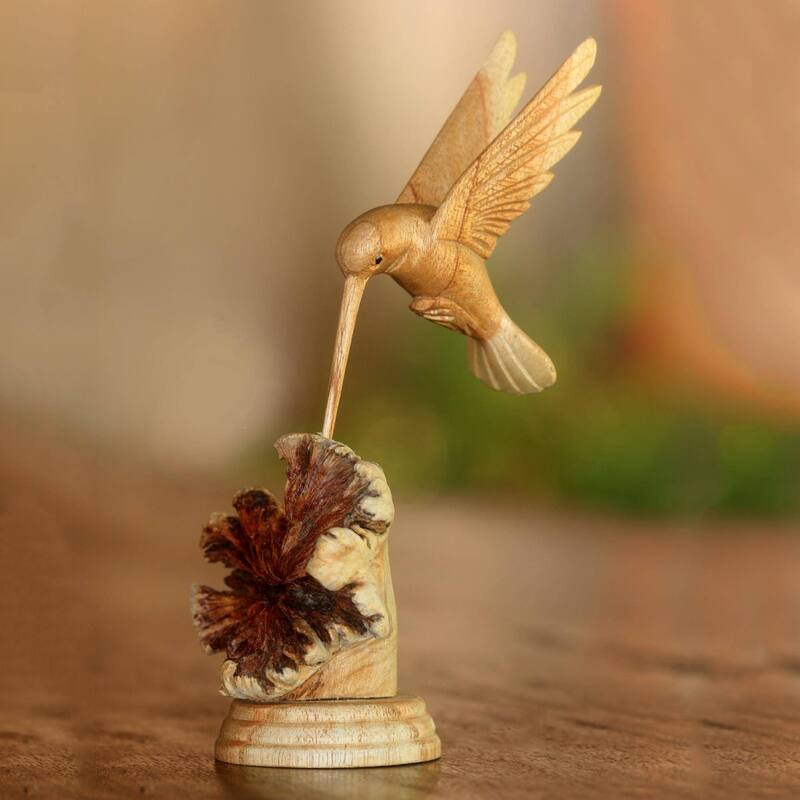 Novica Handmade Feasting Hummingbird Wood Sculpture - 7.75" H x 3.5" W x 3.9" D