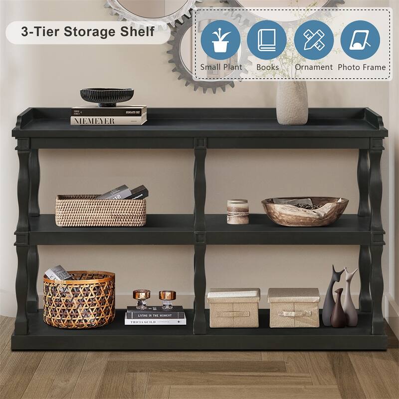 Console Table with 3-Tier Open Storage Spaces Effect Support Legs - Black