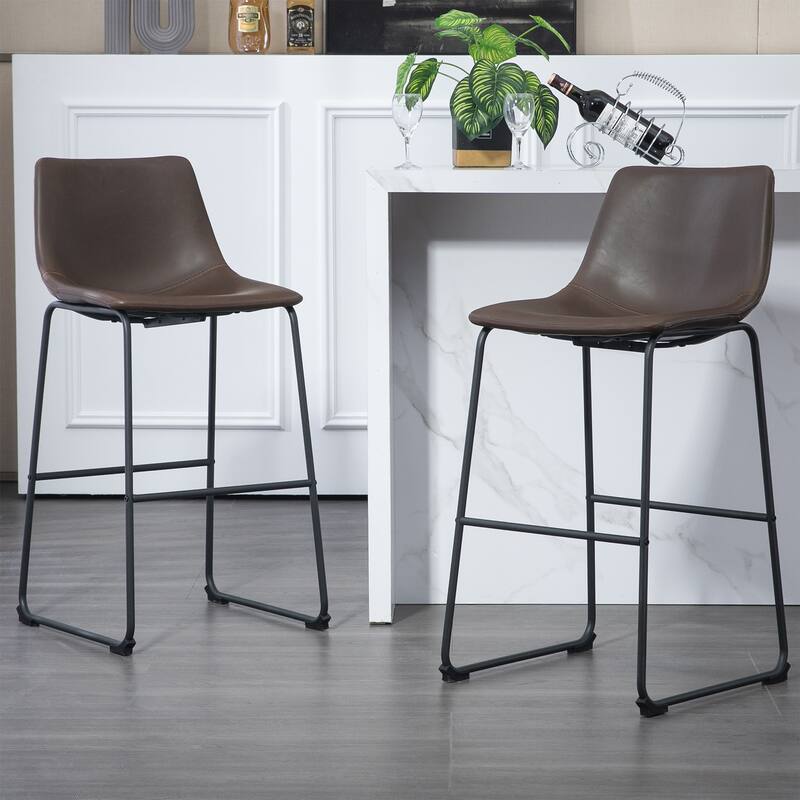 Adan Faux Leather Iron Frame Bar Stool (Set of 2) - Dark brown