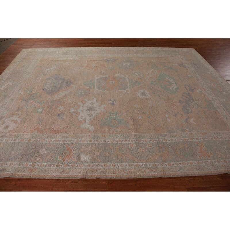 Hand Knotted Oriental 100% Wool Carpet Transitional All-Over Peach Oushak Area Rug - 12' 0'' X 9' 1''