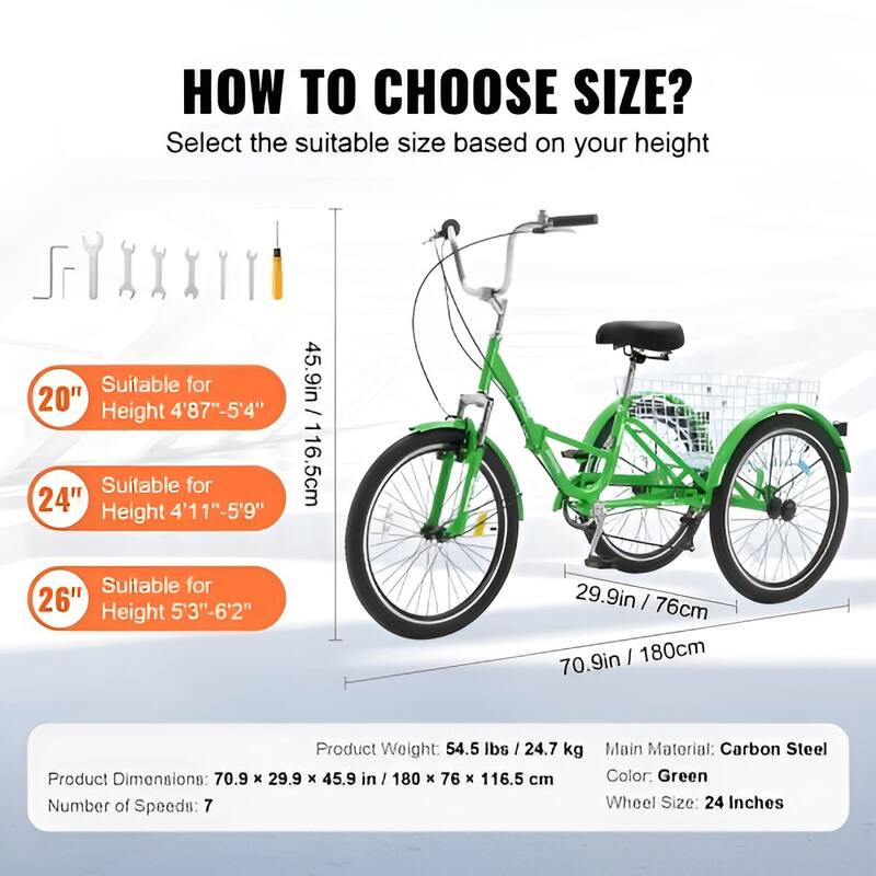 24-Inch Folding Adult Tricycle, 7-Speed Carbon Steel 3-Wheel Bike with Basket - 70.9 x 29.9 x 45.9 in