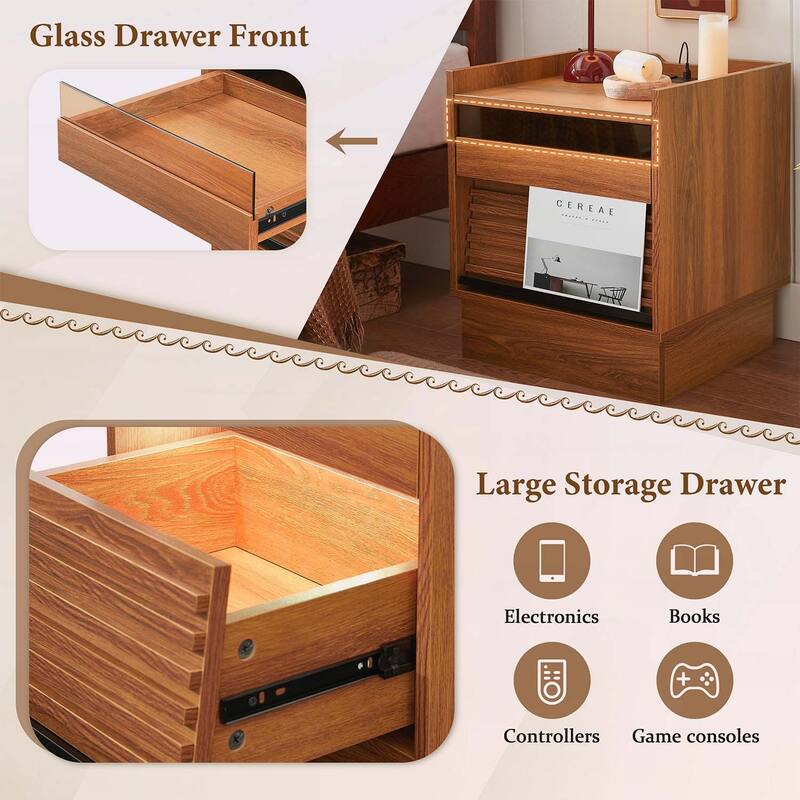 Nightstand with Charging Station,LED Lights,and 2 Drawers,for Bedroom or Living Room