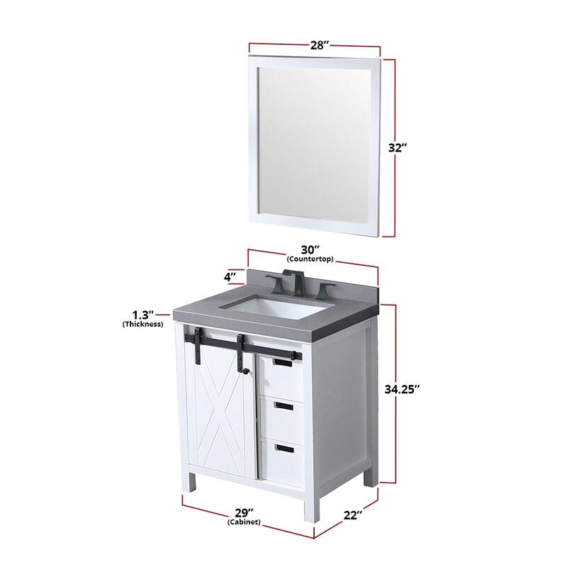 Marsyas 30 in W x 22 in D Ash Grey Bath Vanity, White Quartz Countertop and 28 in Mirror