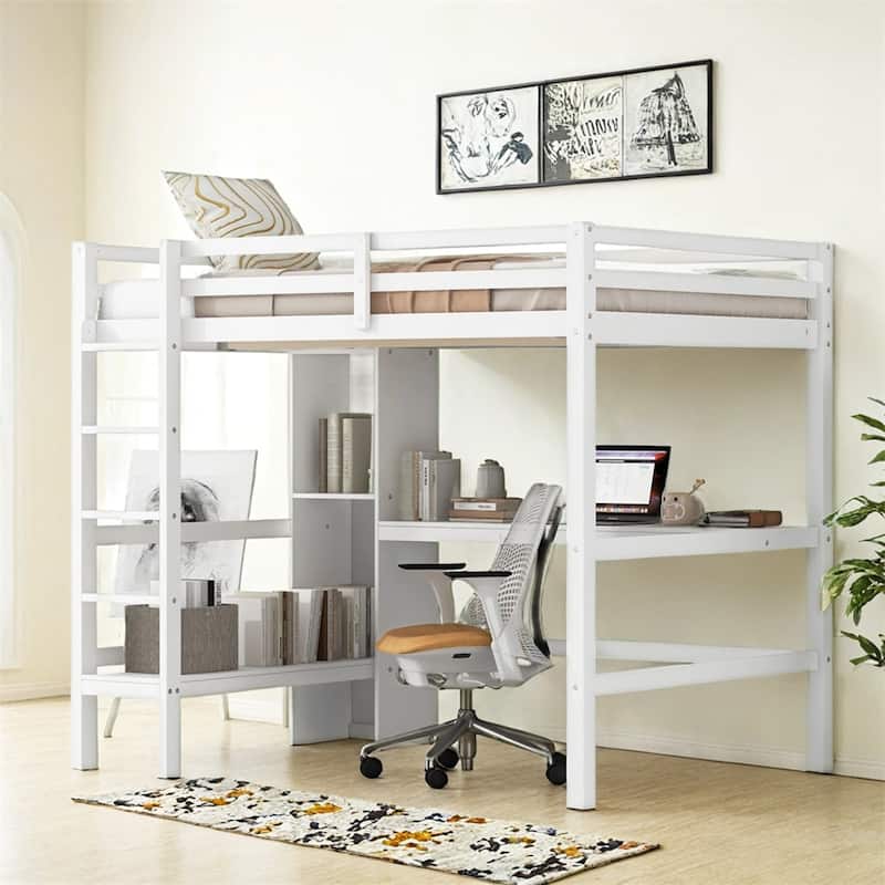Full Size Loft Bed with Multifunction Shelves and Under-bed Desk