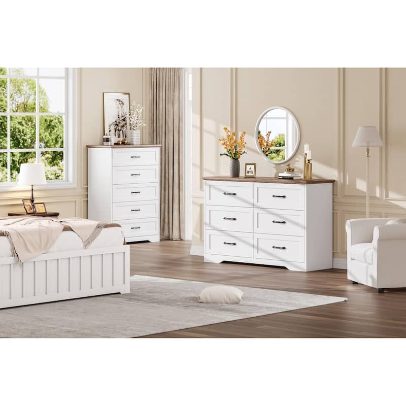 5/6 Drawers Dresser for Bedroom,Chest of Drawers with Wide Metal Handle,Farmhouse Modern Wooden Dresser
