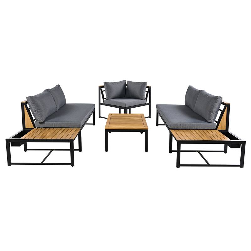 4-Piece Outdoor Patio Iron Sectional Sofa Set with Coffee Table and Side Storage Shelf