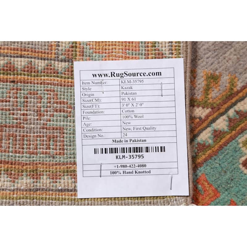 Traditional Kazak Oriental Rug Hand-Knotted Grey Wool Carpet - 2'0"x 3'0"