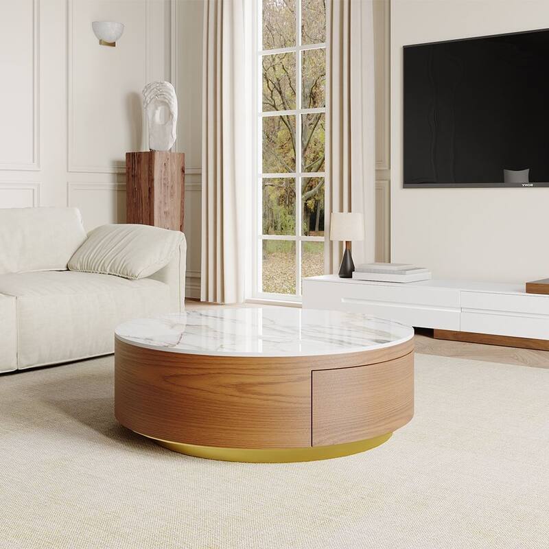 Modern Drum Coffee Table with Oak Veneer, Sintered Stone Coffee Table with 2 Solid Wood Drawers, Fully Assembled, White