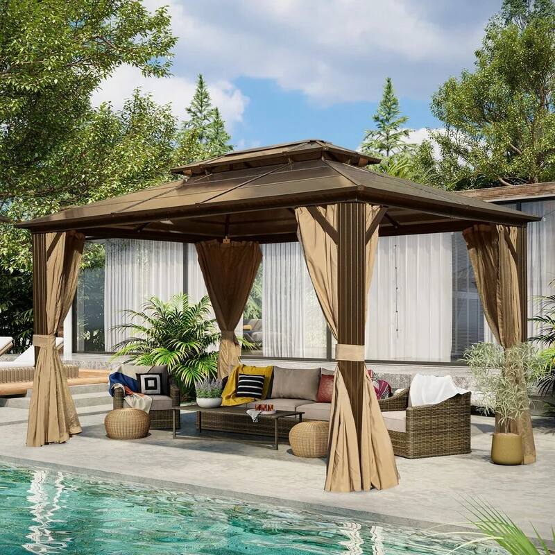 Hardtop Gazebo for Patio,Permanent Outdoor Pergola with Double Roof & Aluminum Frame & Netting & Curtains,Ideal for lawn,yard