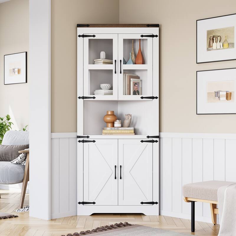 Corner Cabinet with Barn Door and Adjustable Shelves - White