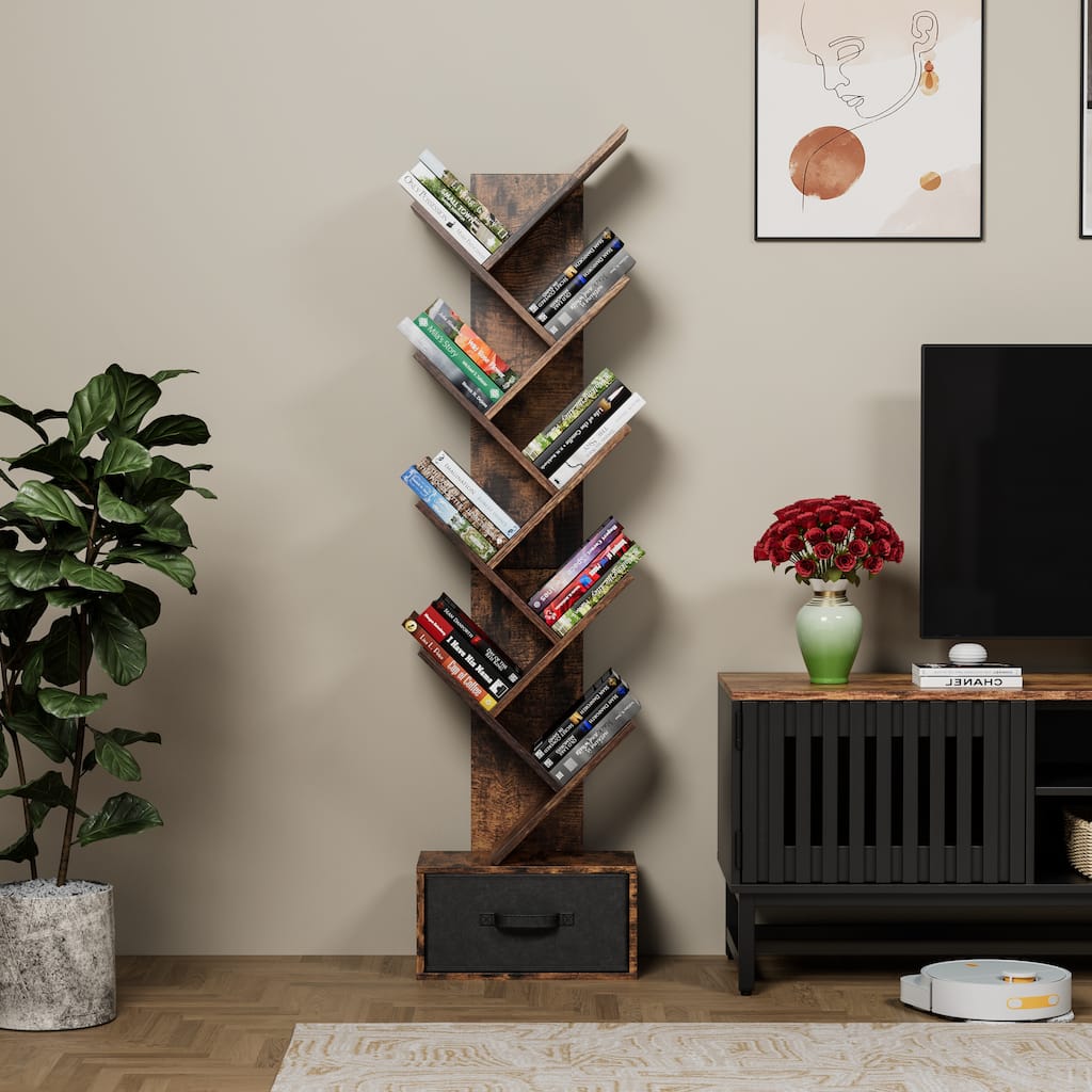 GDFStudio - Rustic Brown Modern Metal Tree Bookshelf with Drawer and 9-Tier Vertical Storage