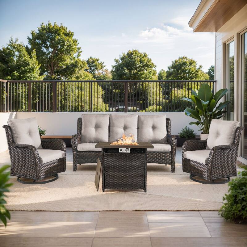 Gymojoy 4-Piece Outdoor Furniture Set, 2 Swivel Glider Chairs, 3-Seat Sofa & 55K BTU Fire Pit Table - Brown Wicker / Beige Cusion - 4-Piece