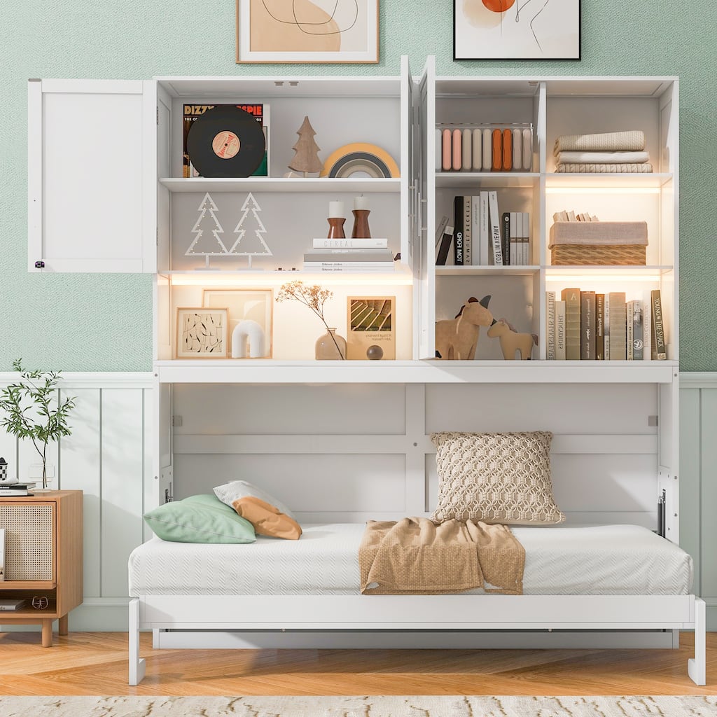 Twin Size Foldable Murphy Bed All-in-one Wall Bed Cabinet with Open Shelves, Top Cabinet, Lights, USB Port and Power Outlets
