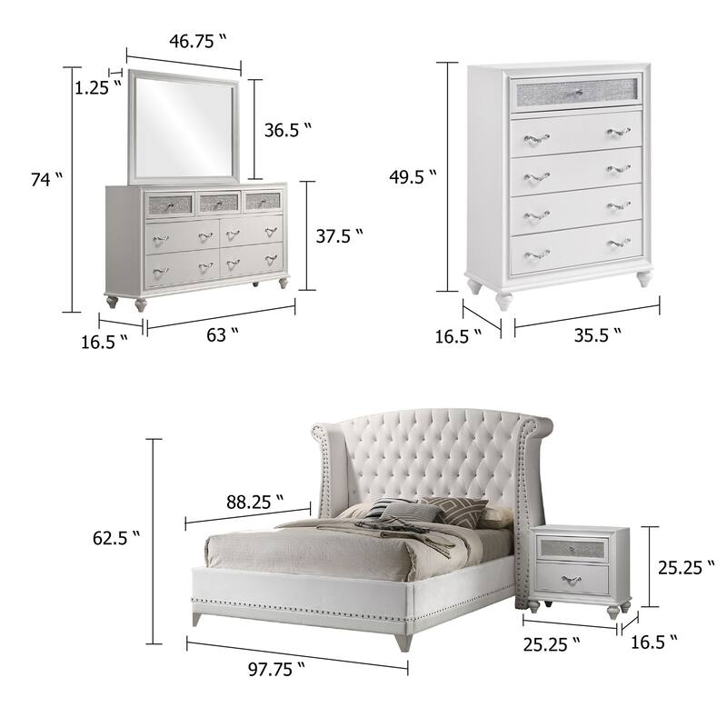 Dini Glam 5pc King Bedroom Set, Tufted Wingback in White Velvet