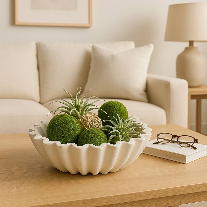 Modern Glam Fluted Pottery Decorative Bowl - 13" Ivory & Tan