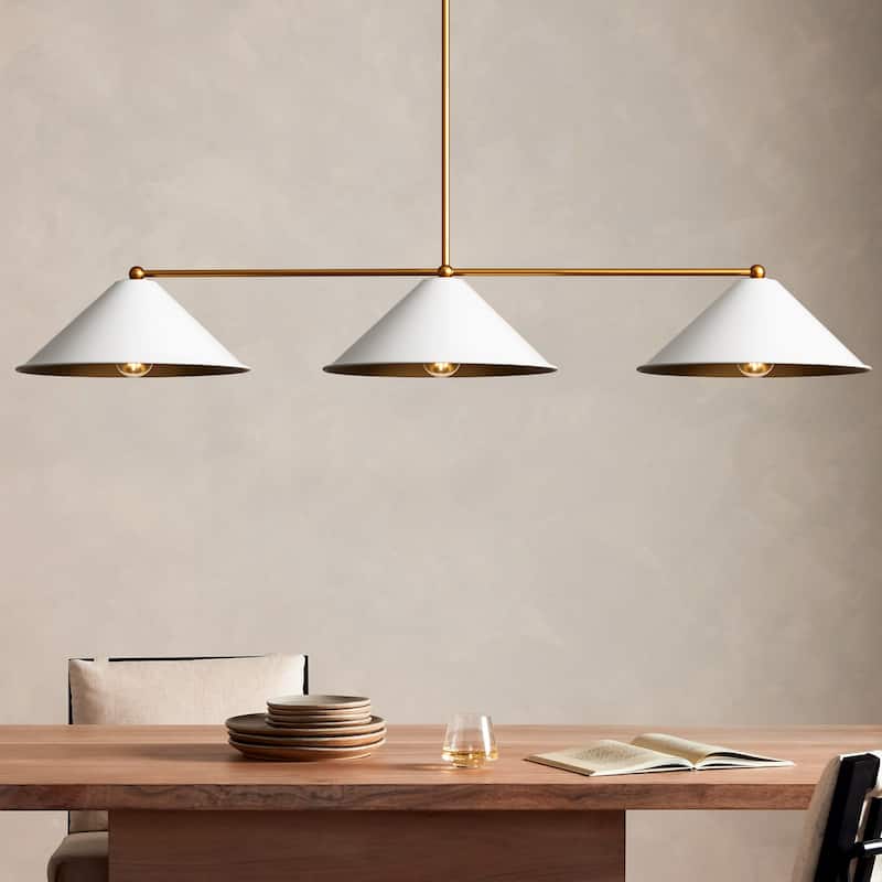 3-Light Mid-Century Modern Black/White Linear Cone Large Chandelier for Dining Room and Kitchen Island