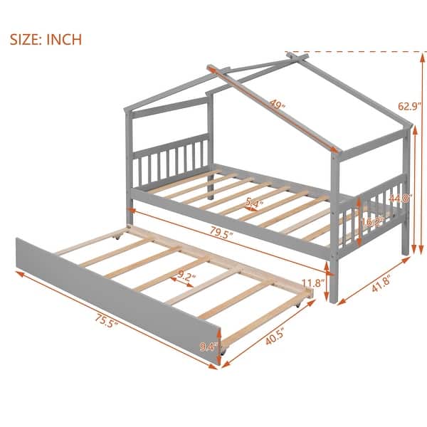 Twin Size Wooden House Bed with Trundle Bed & Roof , Grey