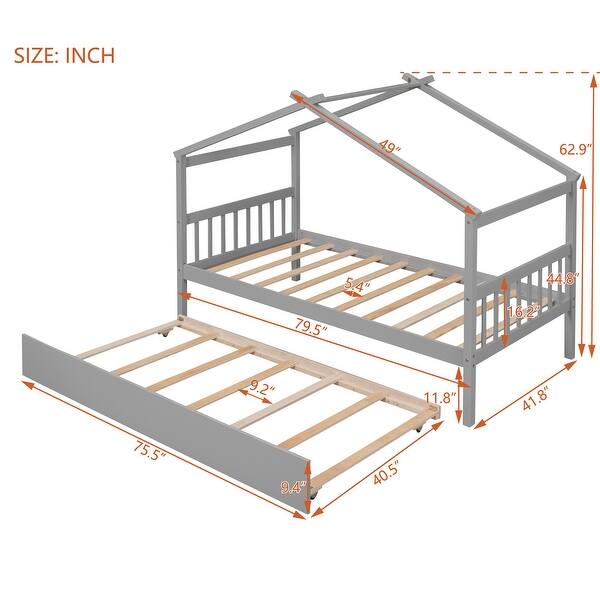 dimension image slide 7 of 8, Wooden House Bed with Trundle Bed & Roof
