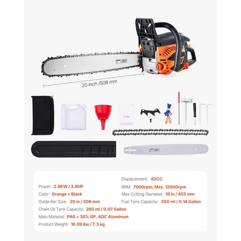 20 Inch Gas Chainsaw 62CC 3.8HP Heavy Duty Power Saw with Easy Start for Logging and Tree Trimming