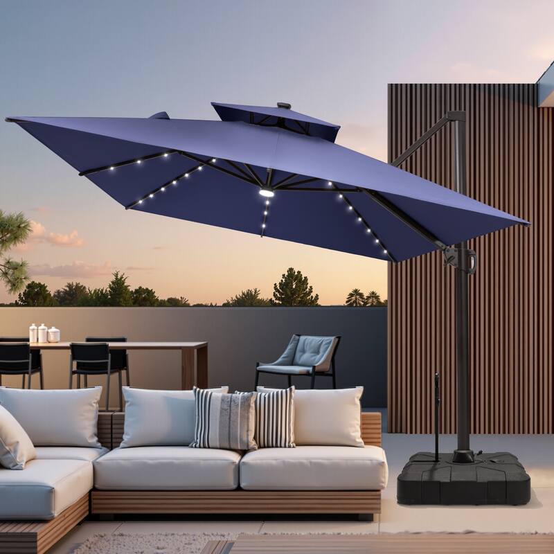 VredHom 9x11 FT Daul Top Rectangular Outdoor Patio Cantilever Umbrella Solar LED Lighted with Rod Base
