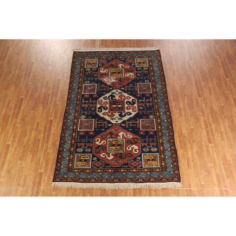 Hand Knotted Oriental 100% Wool Carpet Traditional Tribal Navy Blue & Blues Kazak Area Rug - 10' 0'' X 6' 7''