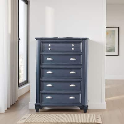 Zeny Tall Dresser Chest, 5 Drawers, Nickel Handles, Slate Blue Wood