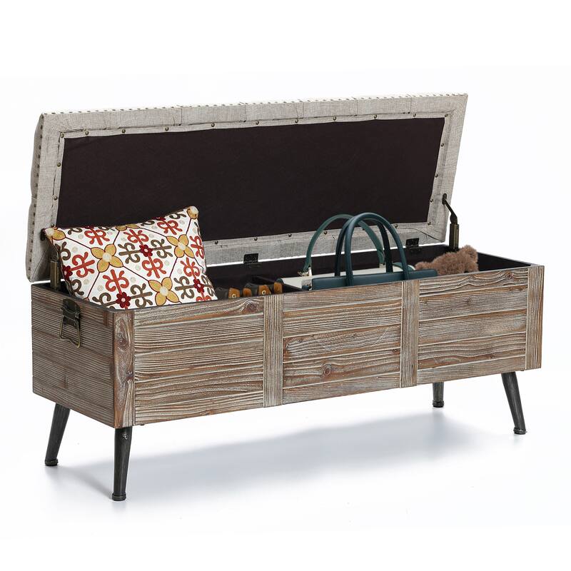 Natural Wood Upholstered Bedroom and Entryway Storage Bench - 20.08" H x 47.24" W x 15.75" D
