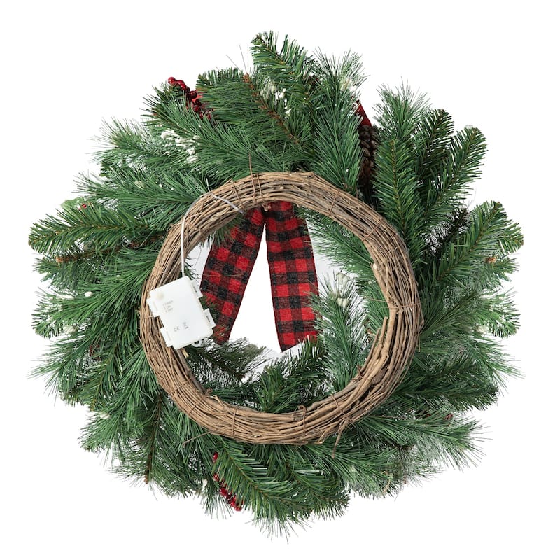 Glitzhome 24"D Snow Berry Twig Ball Pinecone Holly Pine Wreath with Lights & Timer
