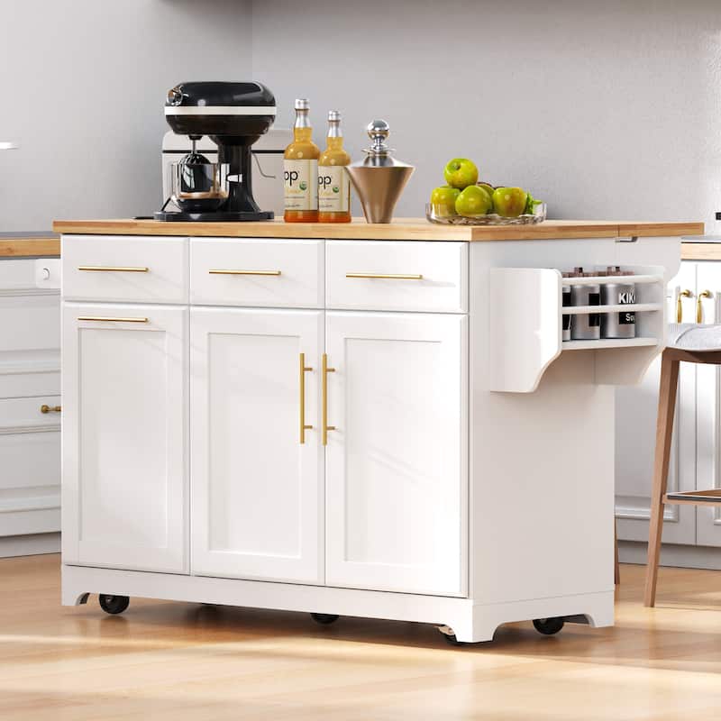 Rolling Kitchen Island Cart with 2 Pull Out Cabinet Organizers, Drop Leaf, Trash Can Storage, Power Outlet, Spice, Towel Rack