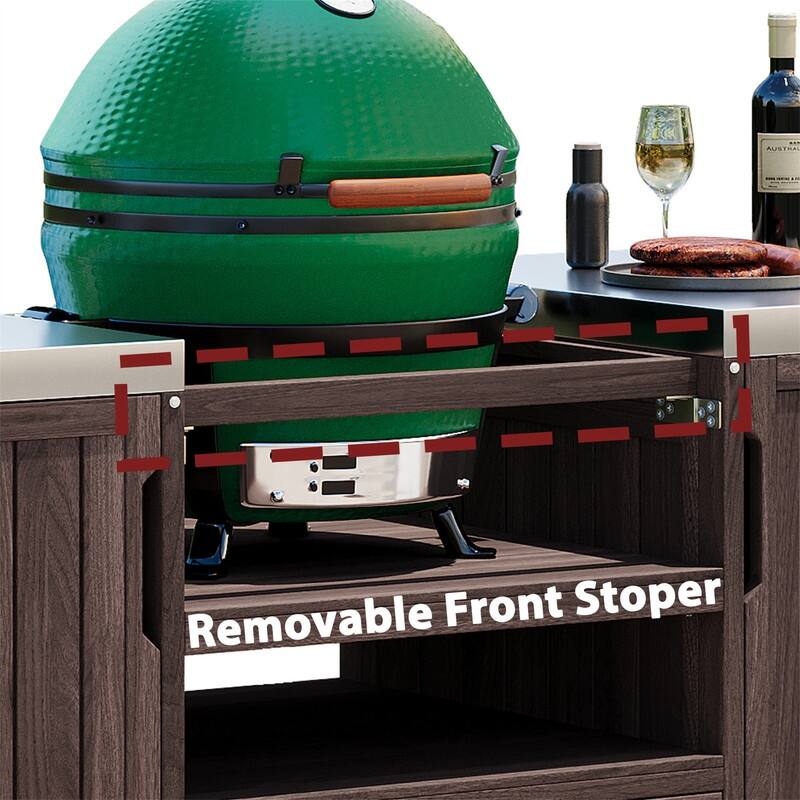 Outdoor Kitchen Island for Big Green Egg Grills, Solid Wood Outdoor Grill Cart w/Stainless Steel Top &Drawer, Patio Kitchen Cart