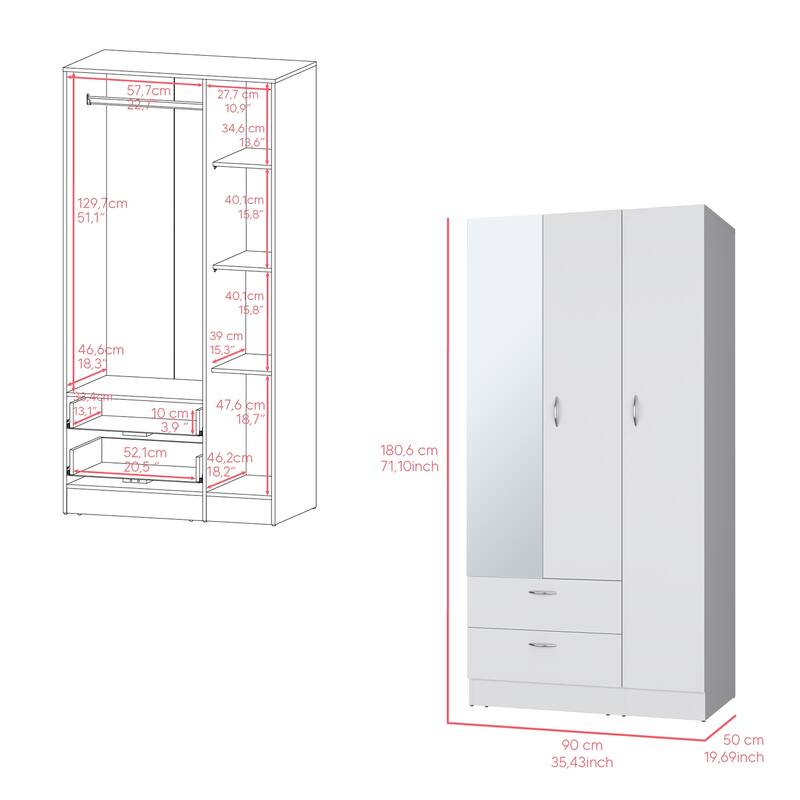 18.9" Modern Armoire with Mirror, Two Drawers and Hanging Rod for Bedroom