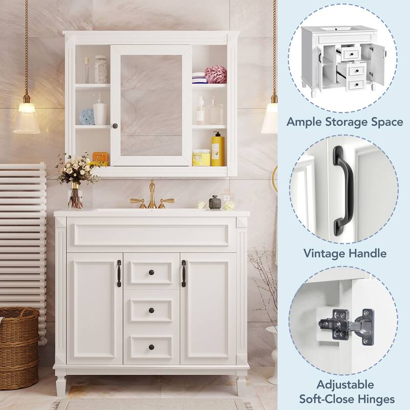 GDFStudio - Marwood Modern Bathroom Vanity Set with Ceramic Sink and Mirror Cabinet with 2 Soft Closing Doors & Drawers - 35.9'W