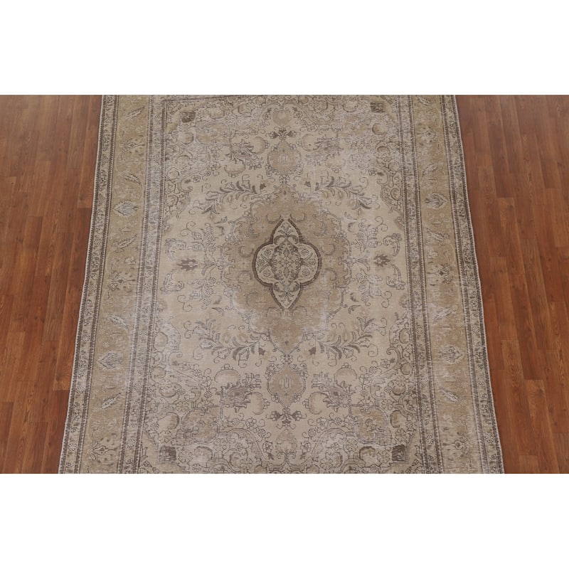 Beige Distressed Tabriz Persian Vintage Rug Handmade Wool Carpet - 6'6" x 9'3"
