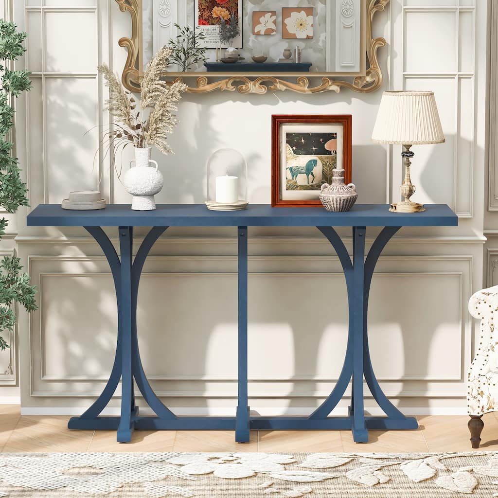 Wooden Console Table with Oak Veneer Top,Farmhouse Entryway Table with Rubber Wood Slender Curved Legs