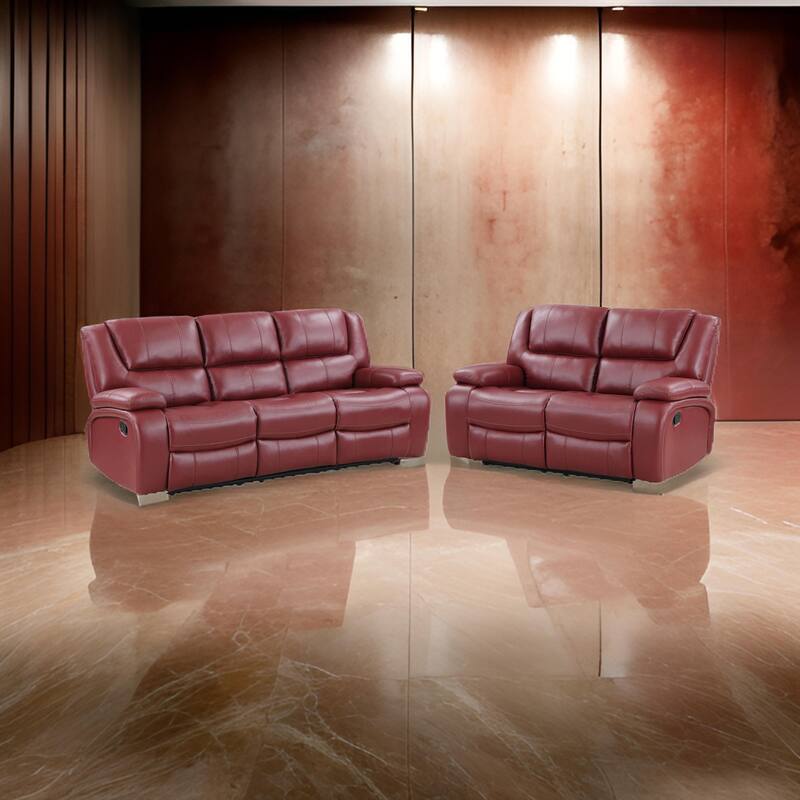 Mila 2pc Manual Recliner Sofa and Loveseat Set, Red Faux Leather, Wood