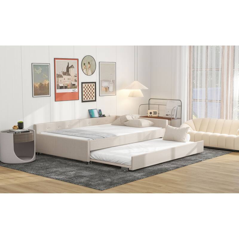 Full Daybed Frame with USB Charge and Trundle - Beige