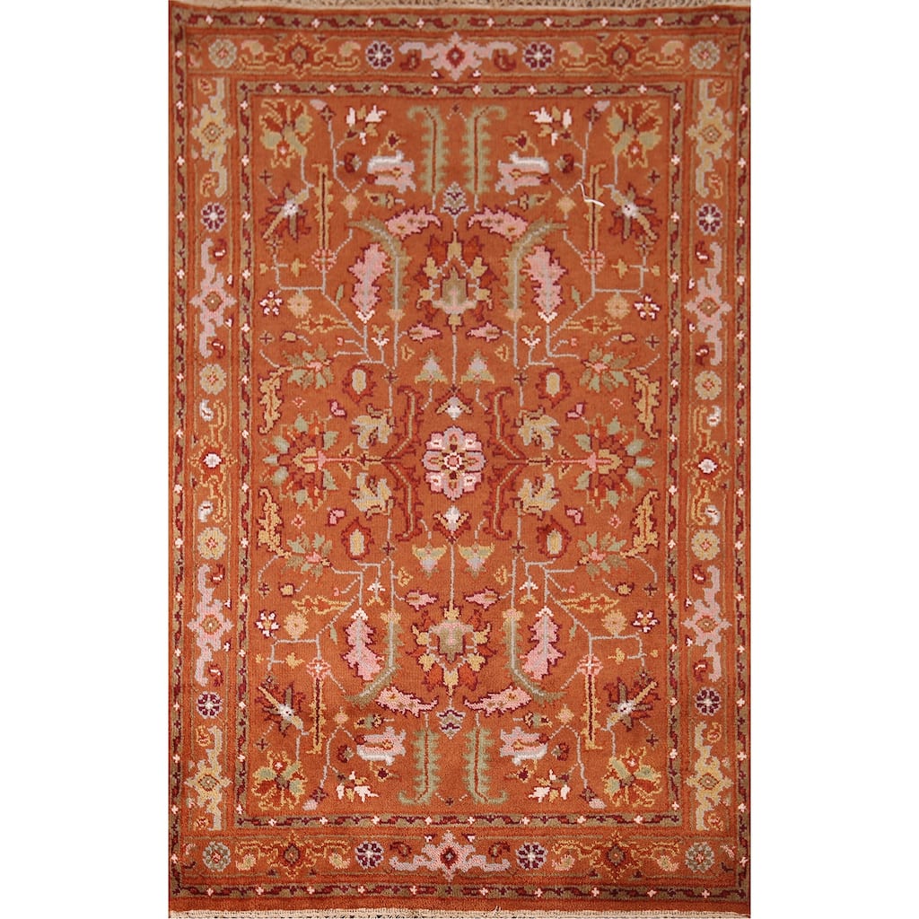 All-Over Orange Floral Oushak Indian Area Rug Handmade Wool Carpet - 4'11"x 5'11"