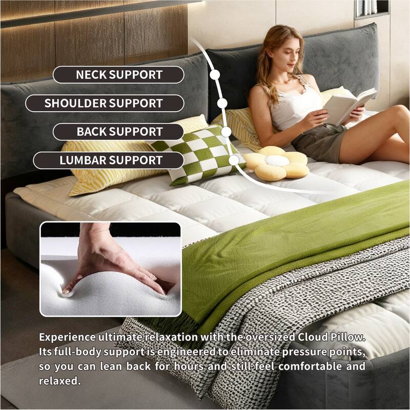 Low Profile King Size Cloud Bed Frame with Movable Headboard, Chenille Platform Bed with Metal/Solid Wood Slat Double Support