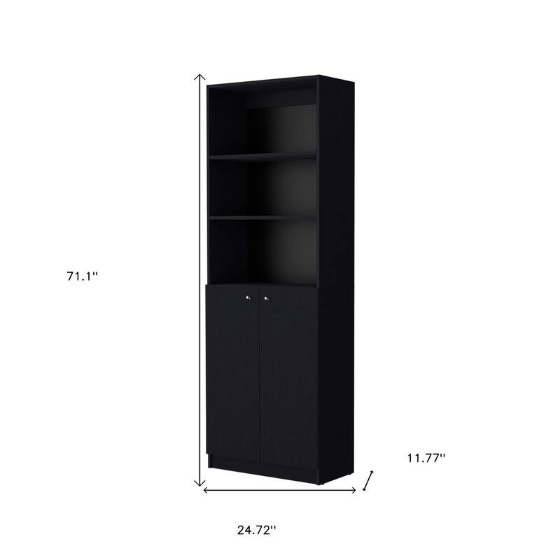 HomeRoots 71" Black Five Tier Bookcase with Two doors
