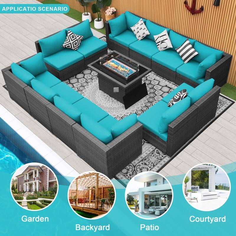 FINCATI Outdoor Grey Wicker Sectional Furniture Patio Sofa Set with Firepit Table